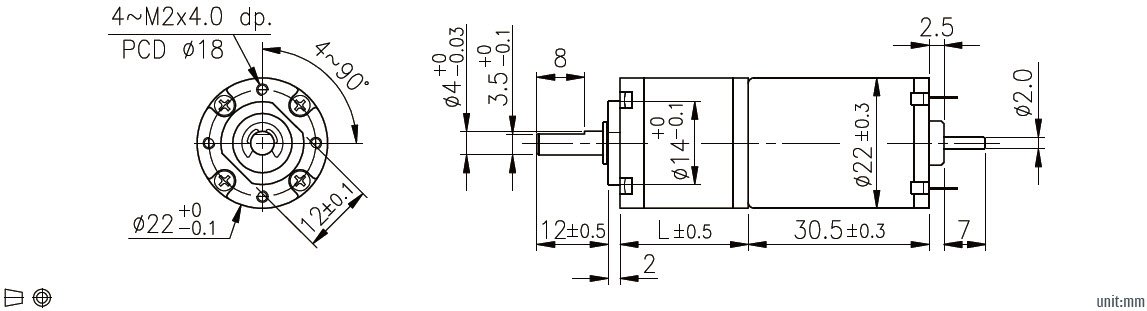 Габаритный чертеж планетарного мотор-редуктора постоянного тока
