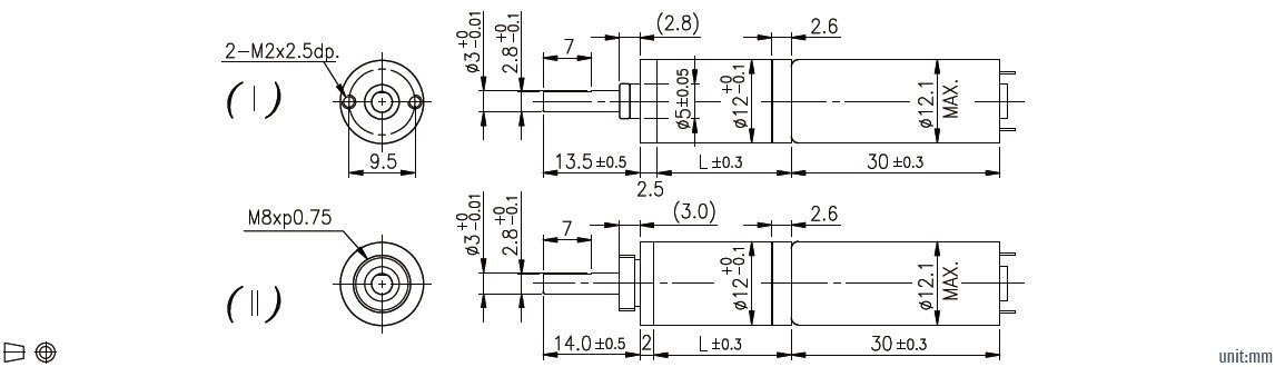 Технический чертеж планетарного мотор-редуктора постоянного тока 12 мм