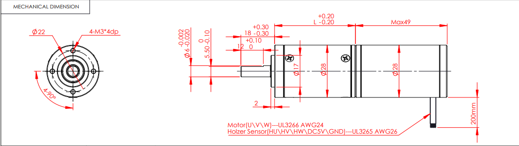 Механические размеры планетарного мотор-редуктора диаметром 28 мм
